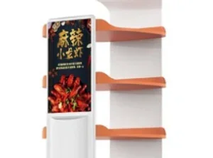 Empty white display shelf with three orange shelves and a vertical sign with food images and Chinese characters