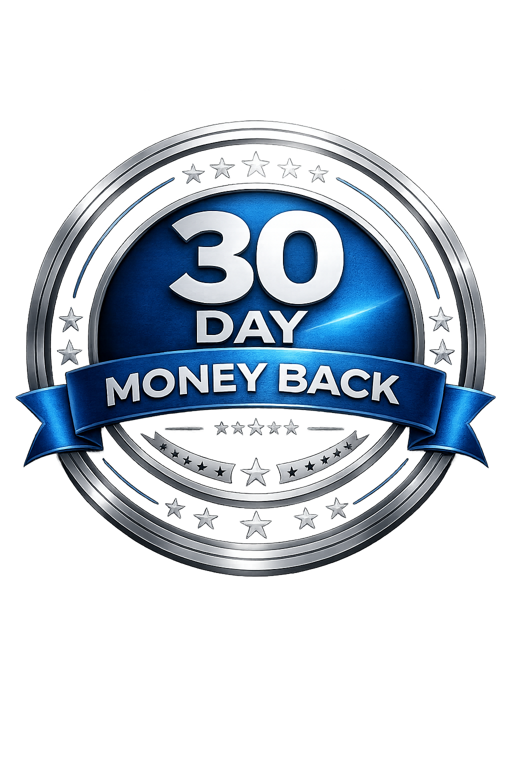 A promotional graphic featuring a silver medal-style emblem with a blue center. The text reads '30 DAY MONEY BACK' with a blue ribbon banner across the middle, set against a background of colorful stage lighting.