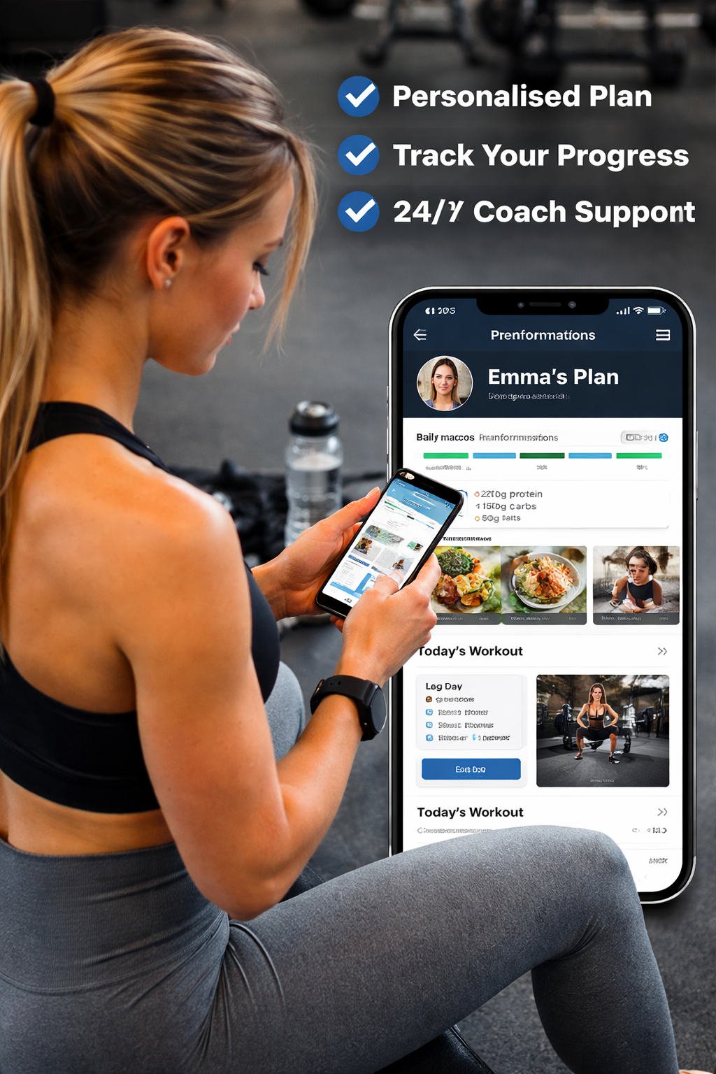 A woman in workout clothes sitting on the gym floor, looking at her phone with a fitness app. Background shows gym equipment. Text overlay highlights features: Personalized plan, track progress, 24/7 coach support.