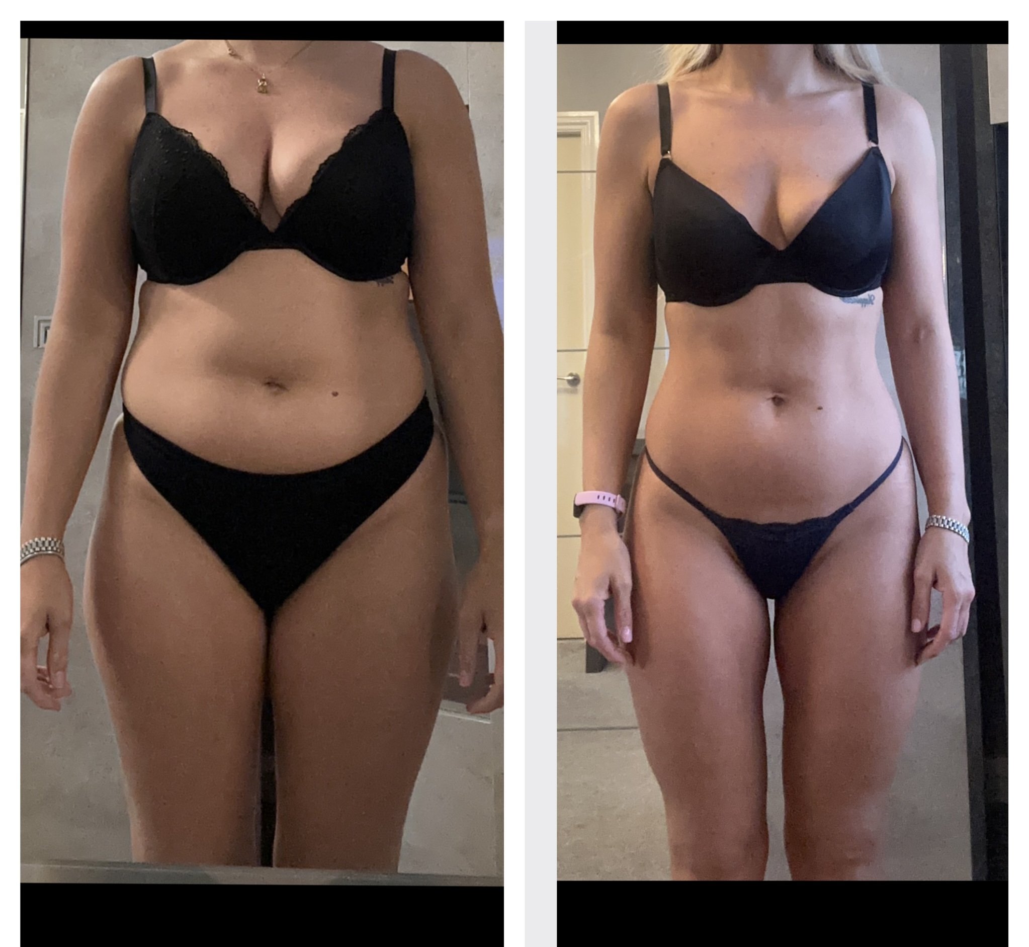 Side-by-side comparison of a woman showing weight loss transformation, wearing black lingerie in both photos.