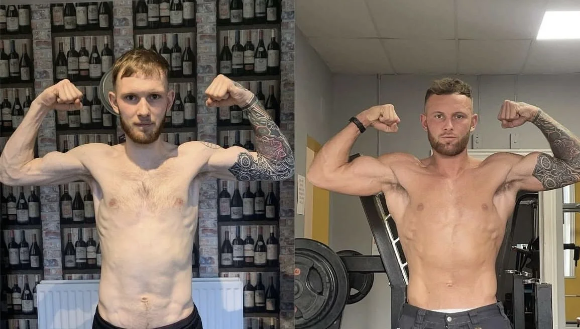 Side-by-side comparison of a shirtless man with tattoos on his right arm, flexing his biceps in both images. The left image shows him with less muscle mass and a background of a wine bottle wall, while the right image shows him with more muscle and a gym background.