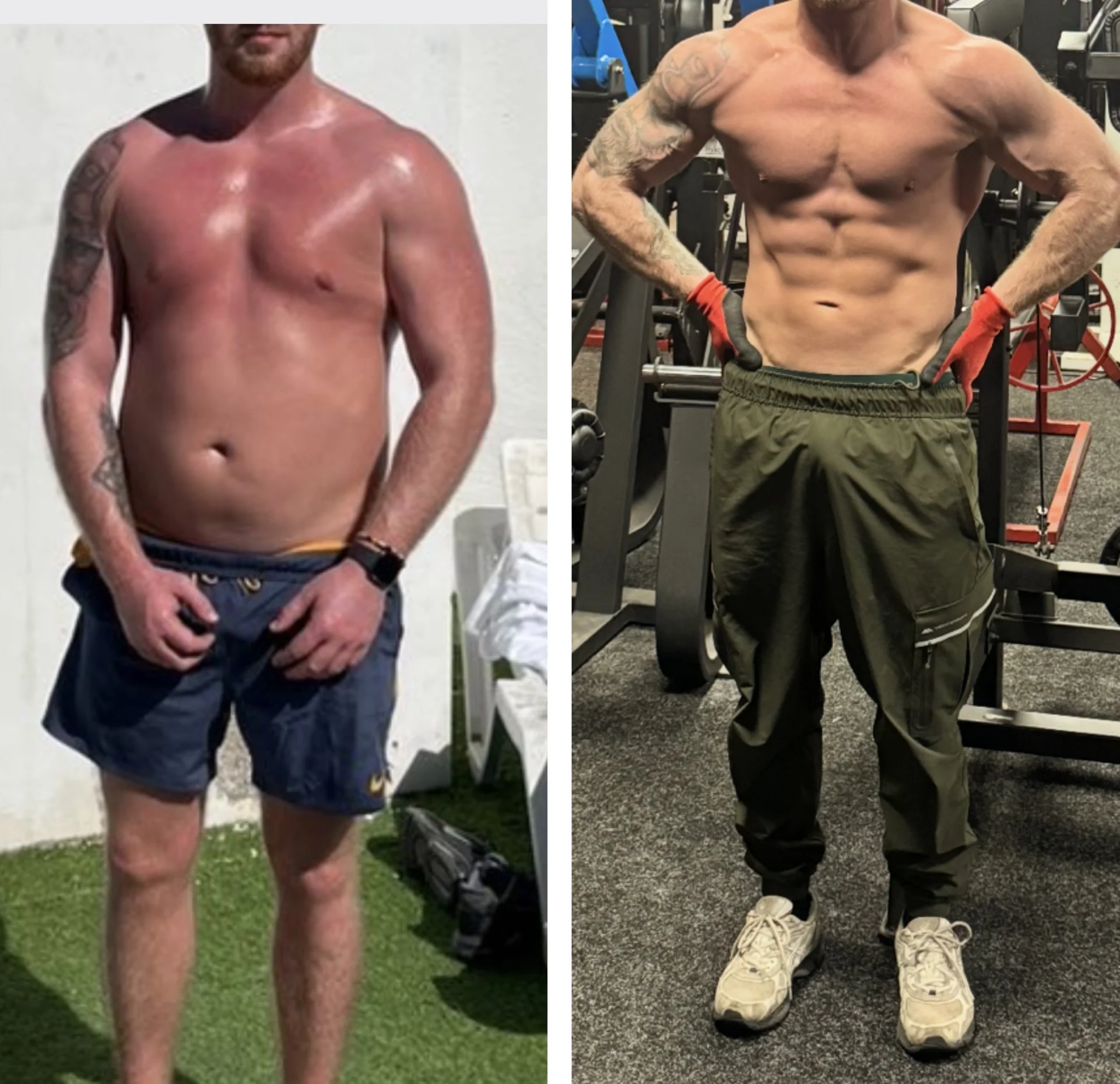 Side-by-side comparison of a man before and after weight loss and fitness transformation. Left: man with a larger physique, no shirt, standing outdoors. Right: man with a muscular, lean physique, shirtless, in a gym, wearing green pants and gloves.