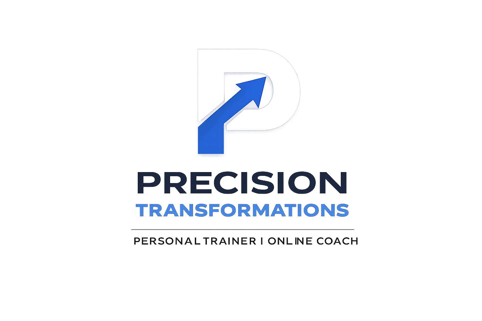 A digital graphic with the logo of Precision Transformations, featuring a blue arrow pointing upward inside a stylized letter 'D', and the words 'PRECISION' in dark blue and 'TRANSFORMATIONS' in light blue. Below it, the text reads 'PERSONAL TRAINER | ONLINE COACH'.