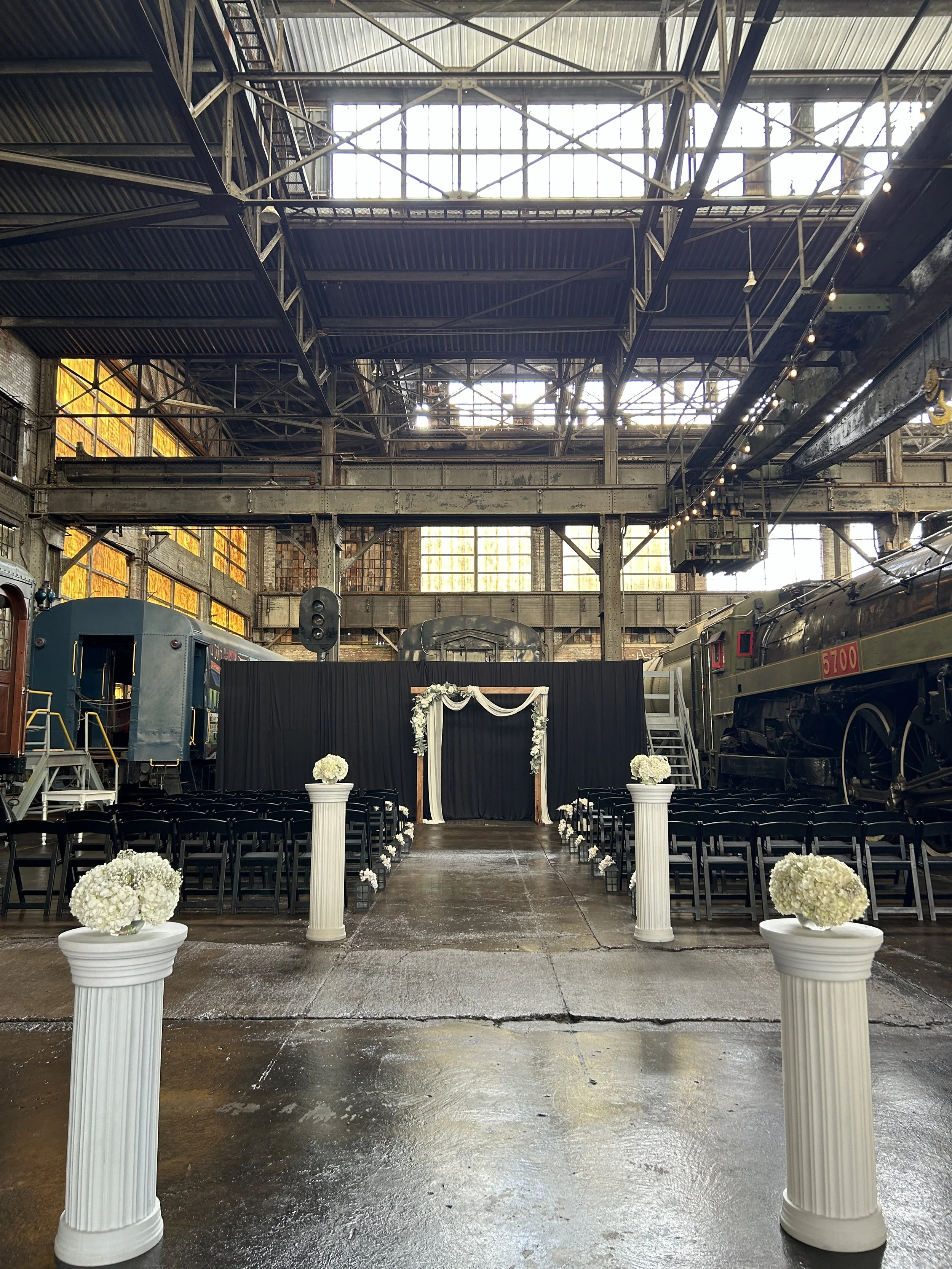 Photo of a wedding ceremony setup inside the museum with the 5700 Royal Hudson locomotive in the background