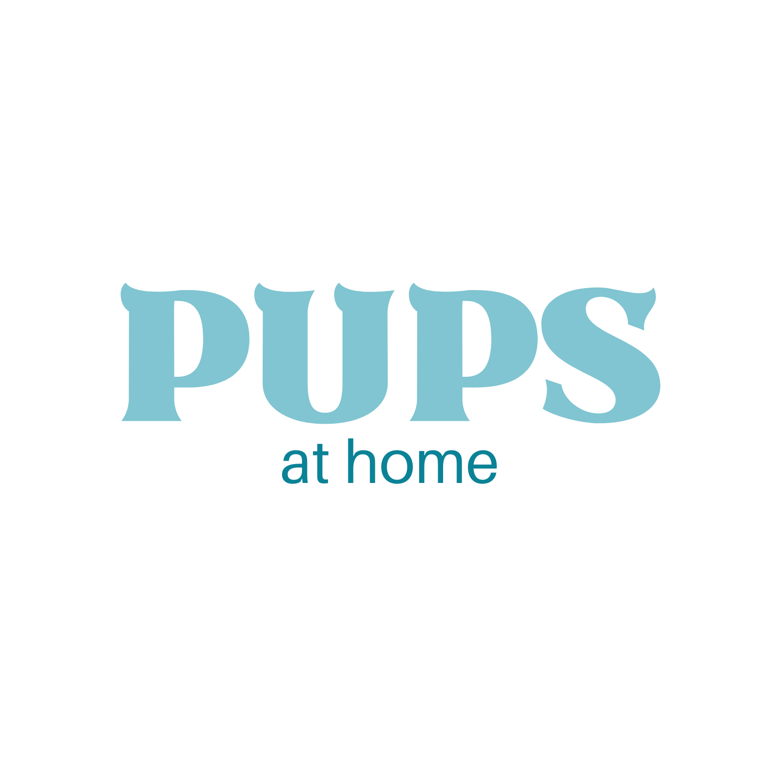 Text graphic with the phrase 'PUPS at home' in large blue letters on a black background.
