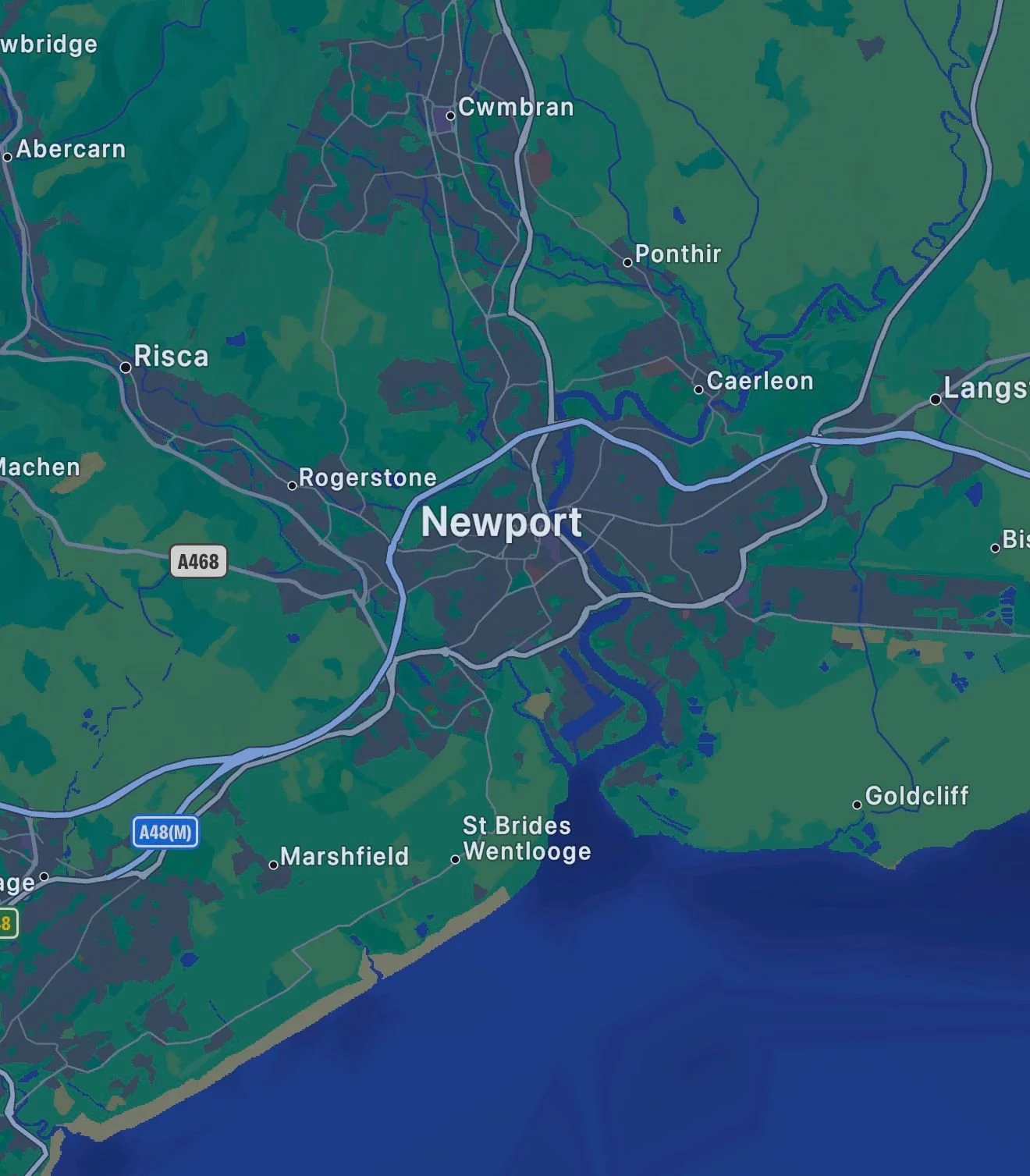 Map showing Newport, Rhode Island, and surrounding areas including Rogerstone, Caerleon, Ponthir, Risca, Machen, and Marshfield, with roads, rivers, and coastal boundary.