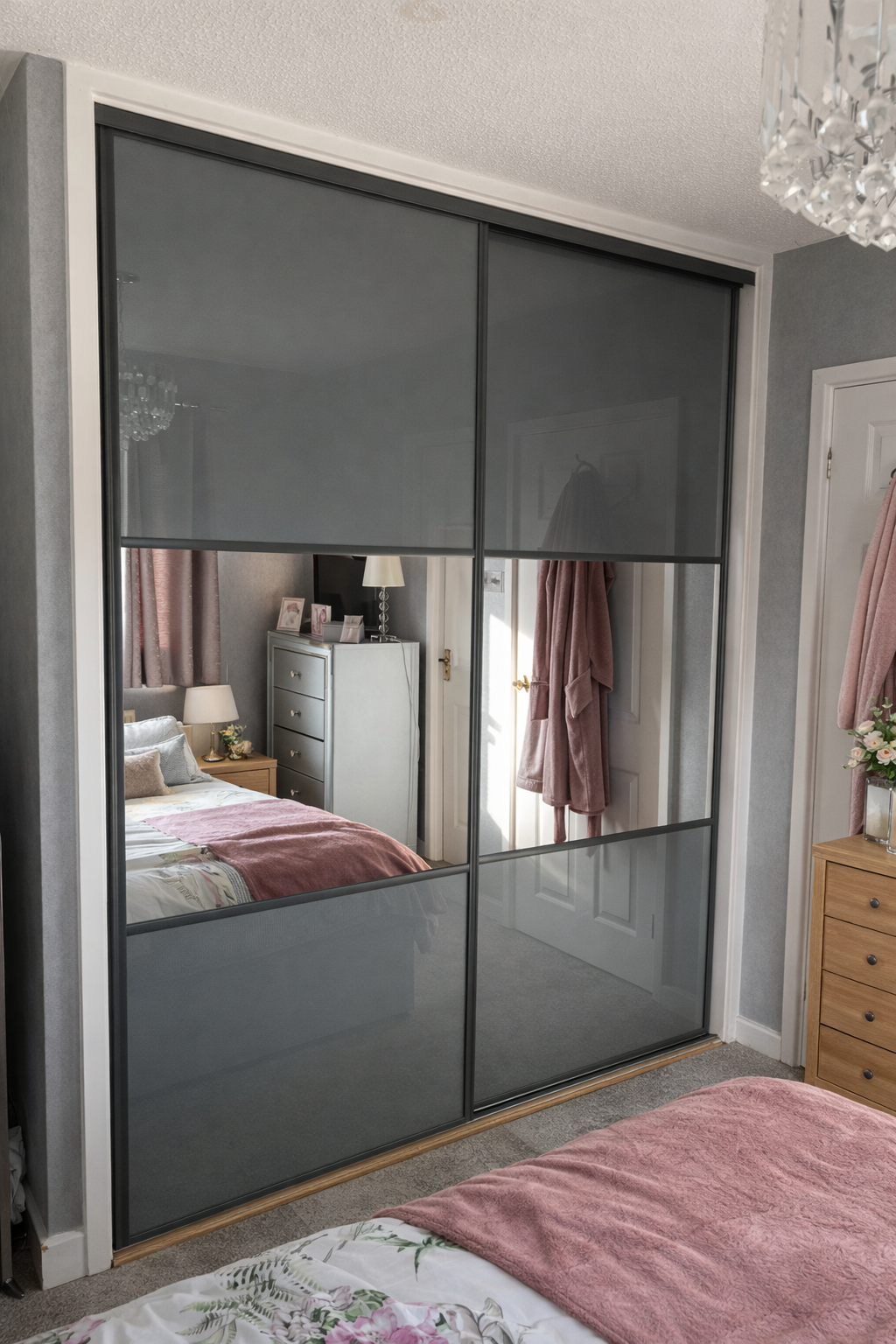 A bedroom with a large closet featuring sliding mirror doors, a bed with pink and floral bedding, a nightstand with a lamp, a dresser with framed photos, pink curtains, a pink bathrobe hanging on a door, and a wooden dresser.