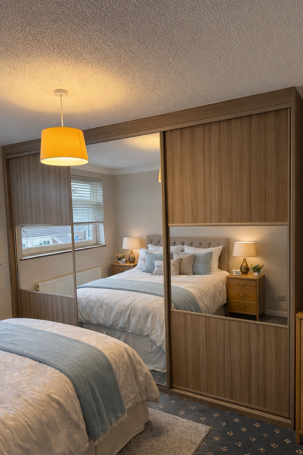A bedroom with a bed, bedside tables, and lamps, reflected in sliding closet doors with a wood finish.