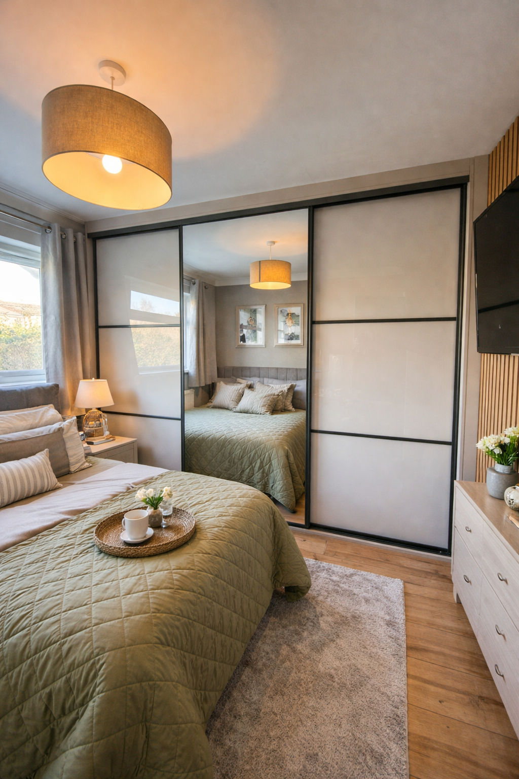 A Cashmere framed floor to ceiling wardrobe with three made to measure sliding doors. Two glass cashmere gloss glass doors with a full mirror panel in the centre. Made to measure and Fitted in Blackwood.