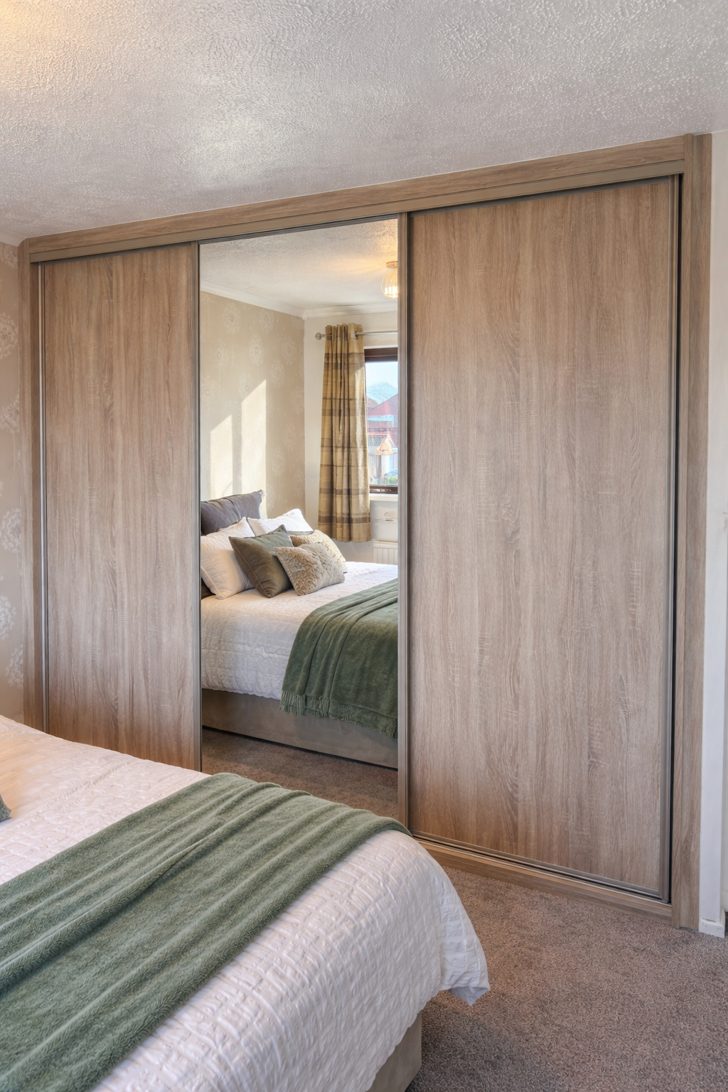 A bedroom with a bed, green throw, and pillows, reflected in a closet mirror. Window with curtains outside, with sunlight shining in. Two Wood grain panel doors with a central large mirror in Bridgend