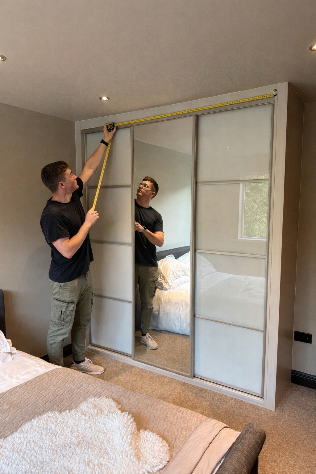 Fitted sliding wardrobe being measured during installation in a modern bedroom, showing made-to-measure design and professional fitting