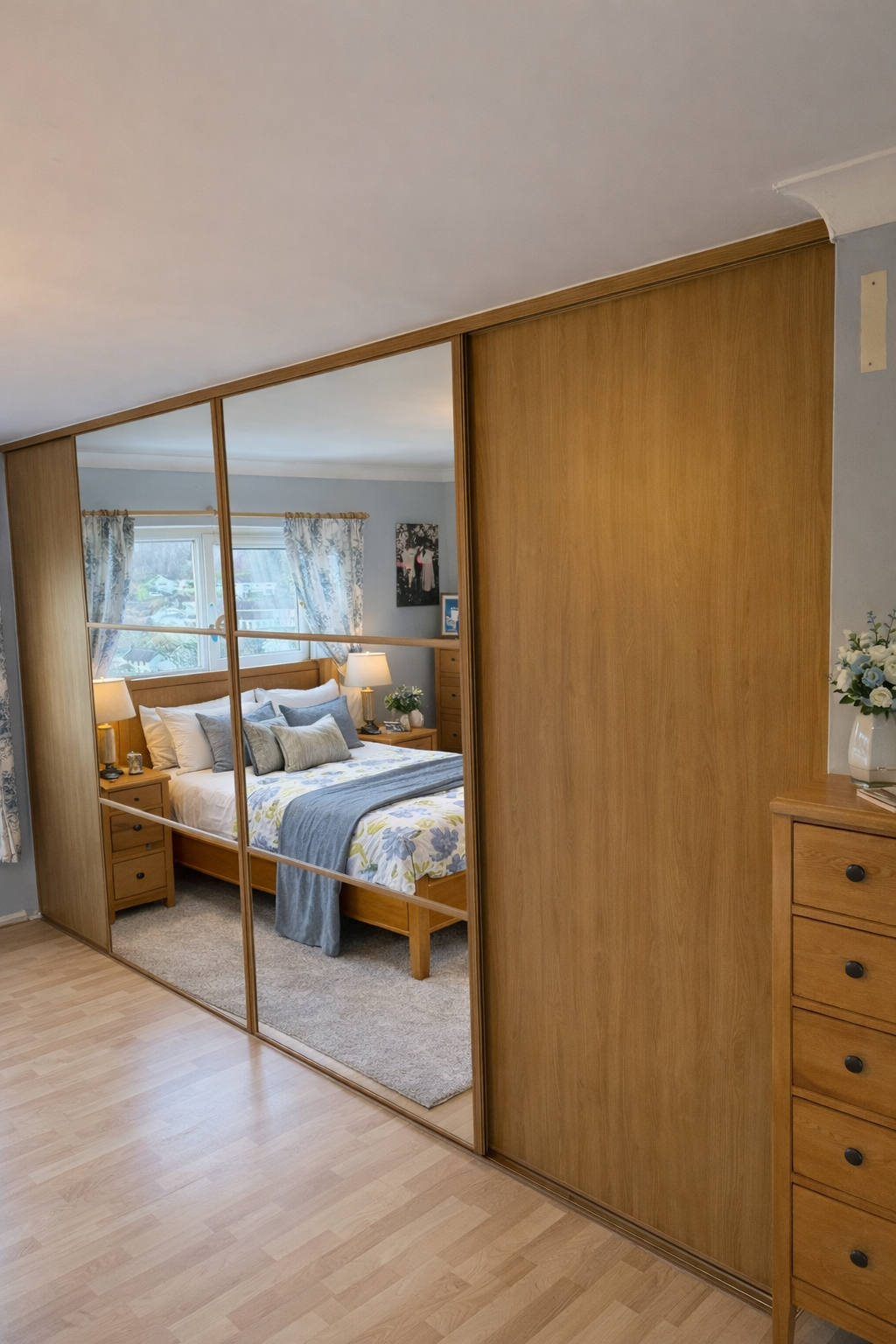 Oak panel doors, two mirror sliding doors with decorative horizontal bars. made to measure and fitted in quakeryard.