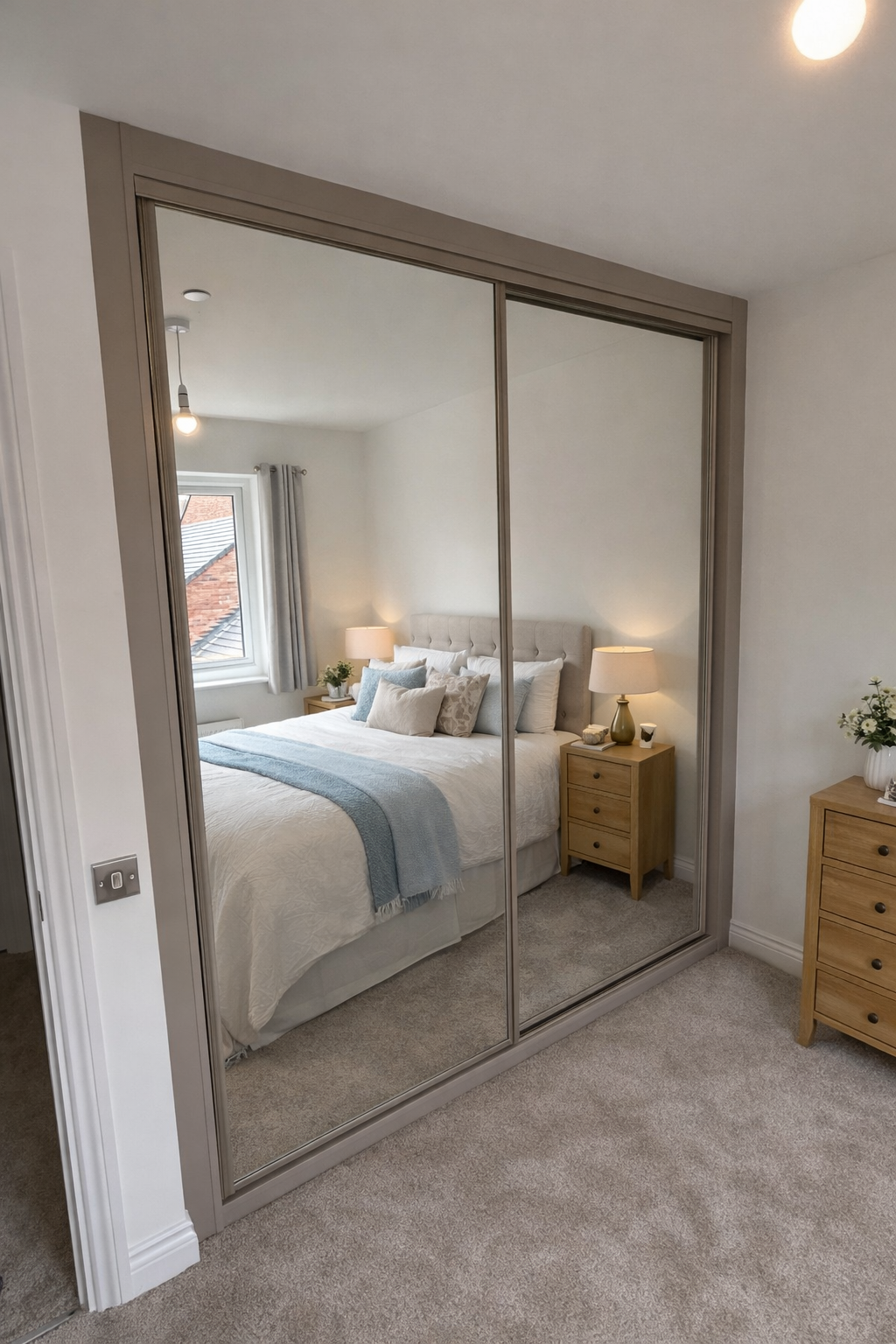 Two made to measure sliding mirror panel doors with a floor to ceiling made to measure frame in a stone grey frame.