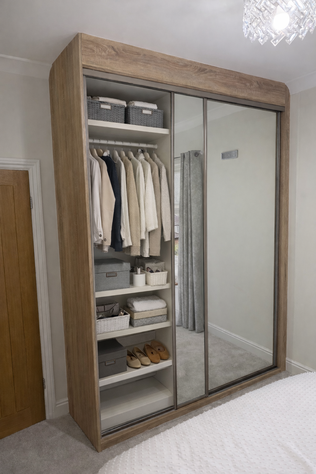 Oyster Urban Oak framing with stone profile handles and full-height mirrored doors.

Built floor-to-ceiling in a 2.8 metre Cardiff bedroom to create a seamless, wall-to-wall finish.