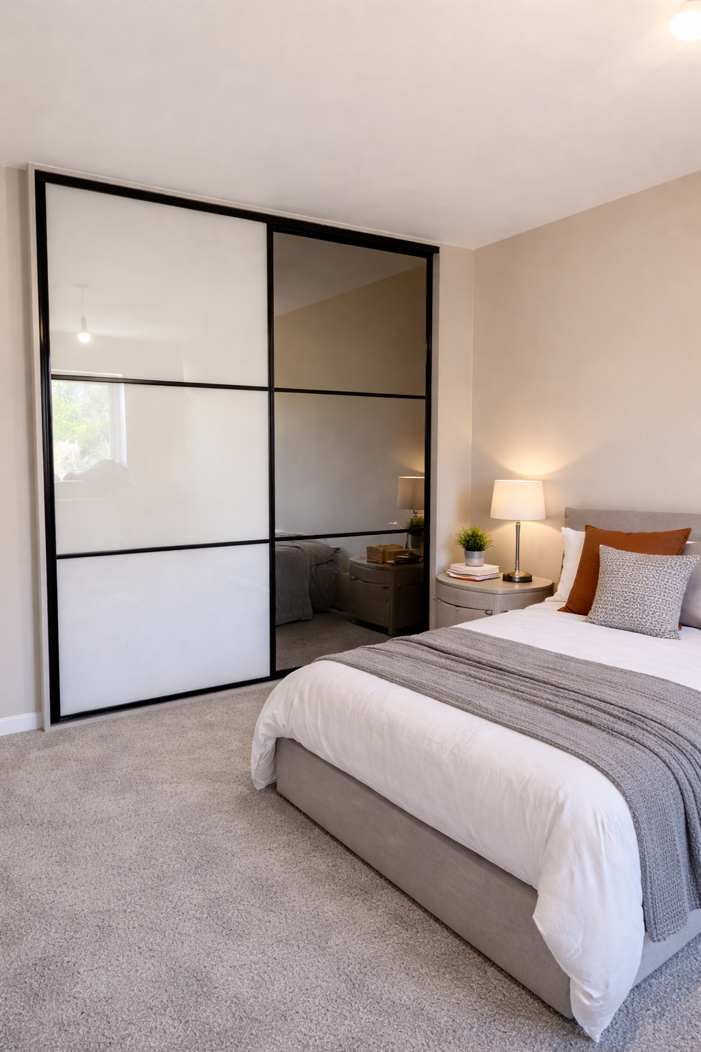 A bedroom with a bed dressed in white linens, a gray blanket, and decorative pillows, beside a nightstand with a lamp, plants, and books, and a mirrored closet door with cashmere glass and bronze tinted mirror. Floor to ceiling.