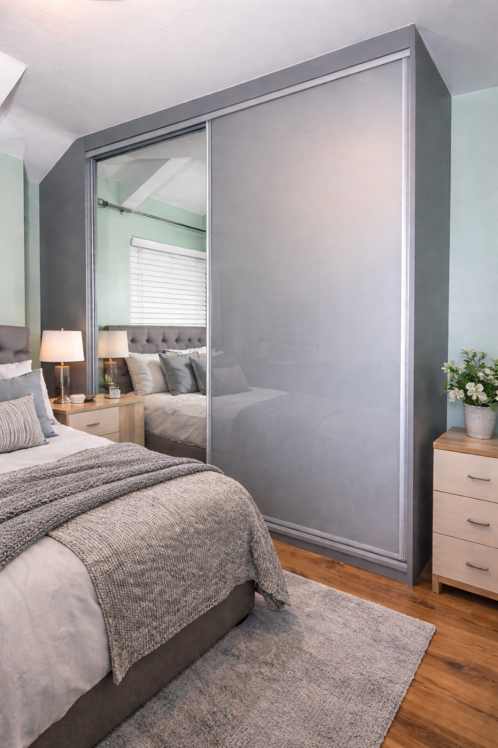 Sliding wardrobe fitted to a sloping ceiling with chamfered frame for a true floor-to-ceiling finish