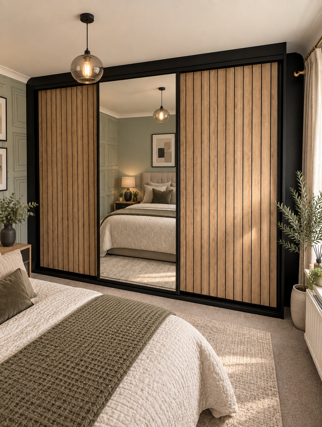 Acoustic style sliding wardrobe doors with a slatted finish