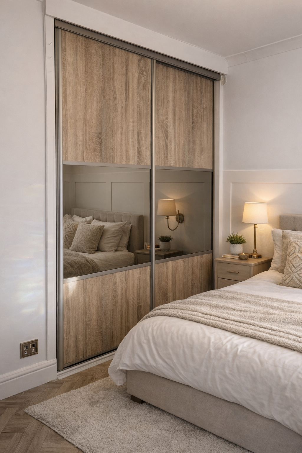 Sonoma Oak and Silver Mirror, framed in stone profile handles.
Made to measure, manufactured in-house in Mountain Ash and installed in just two hours.

A clean, warm finish without the disruption of a full refit.
Installed in Newport – see our slidin