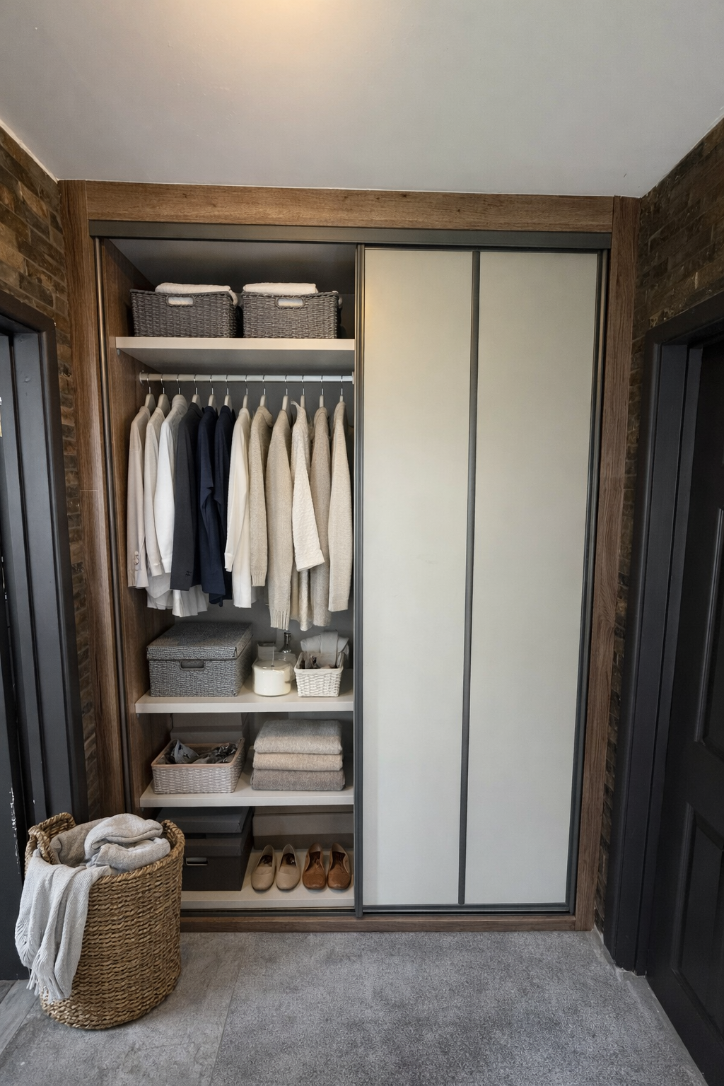Closet with hanging clothes, shelves with storage boxes, towels, and shoes, and a laundry basket containing clothes - Wood panel doors in Rhondda