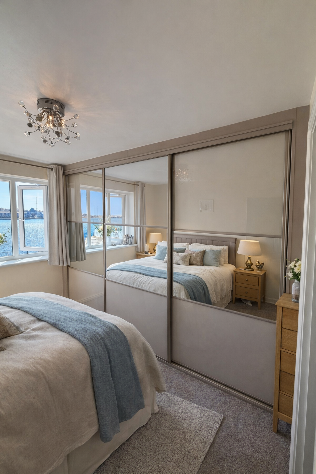 Made-to-measure sliding wardrobe installed in a village home in South Wales. Featuring full-height mirrored doors and soft neutral panels, designed to suit the room and maximise natural light without overpowering the space.