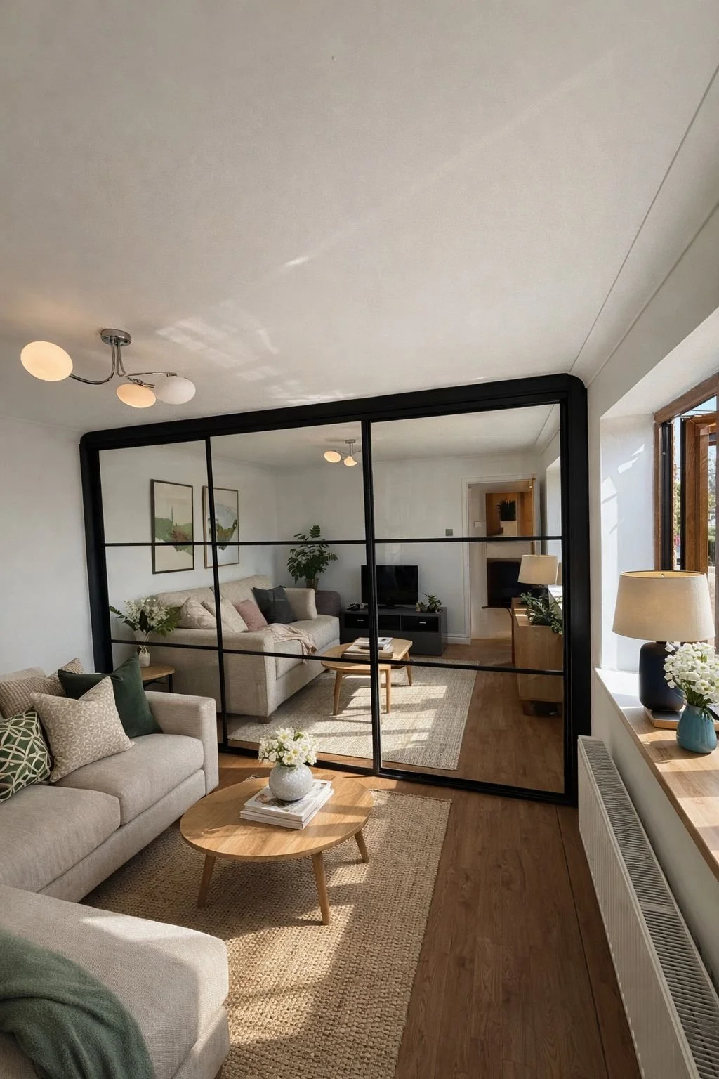 Mirror sliding wardrobe doors with black profiles