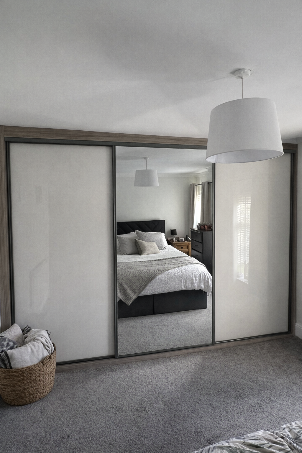 Cashmere glass panels with a central mirrored door, framed in Shorewood wood-effect and finished with graphite profiles.

Made to measure and installed in Caerphilly for a clean, contemporary wall-to-wall finish.

See more of our recent installs on o