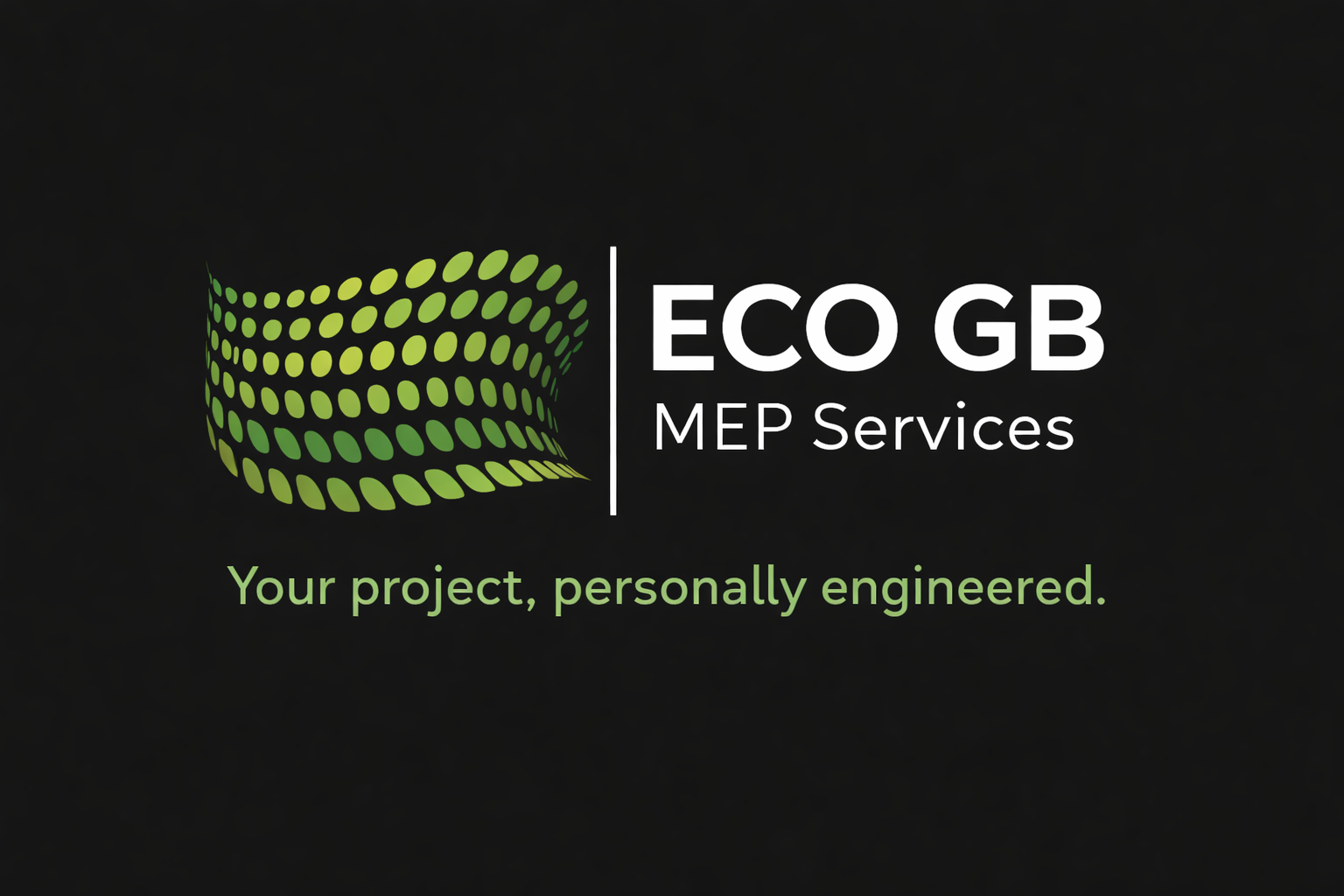 ECO GB MEP Services logo with green abstract shape and tagline 'Your project, personally engineered' on a black background.