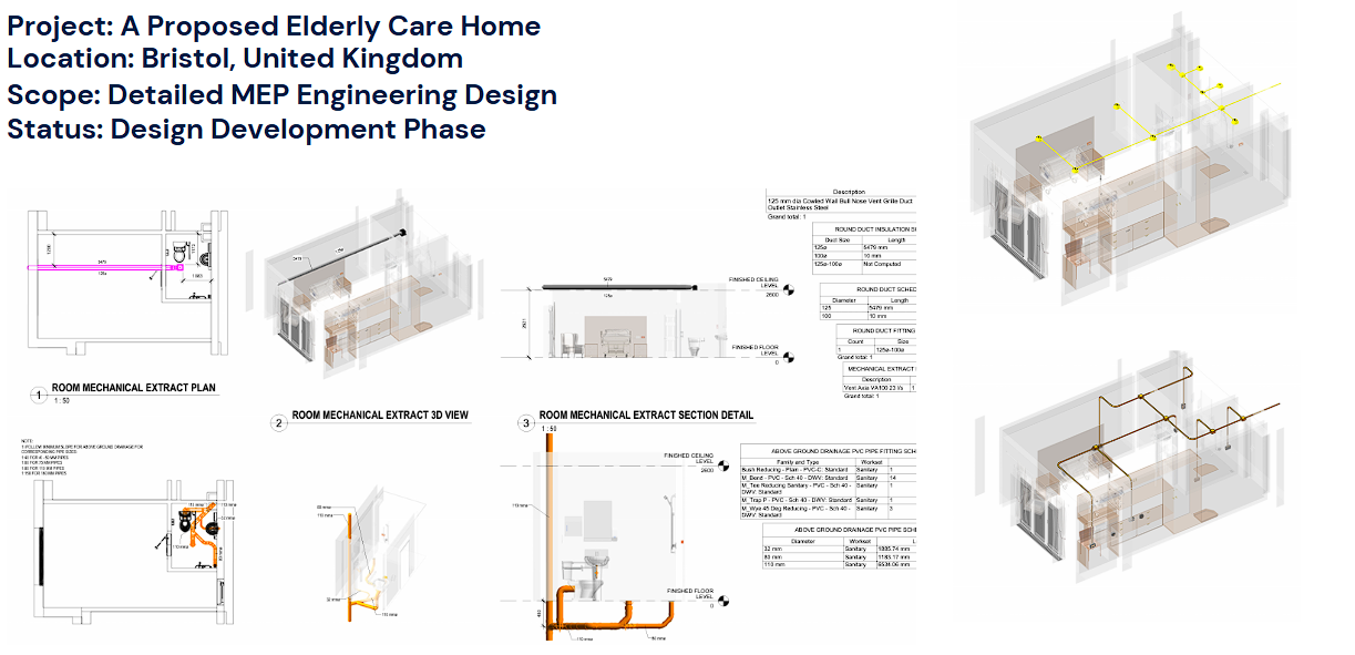 Detailed architectural and engineering plans for an elderly care home project in Bristol, UK, including mechanical extract plans, 3D views, section details, and pipework layouts, during the design development phase.