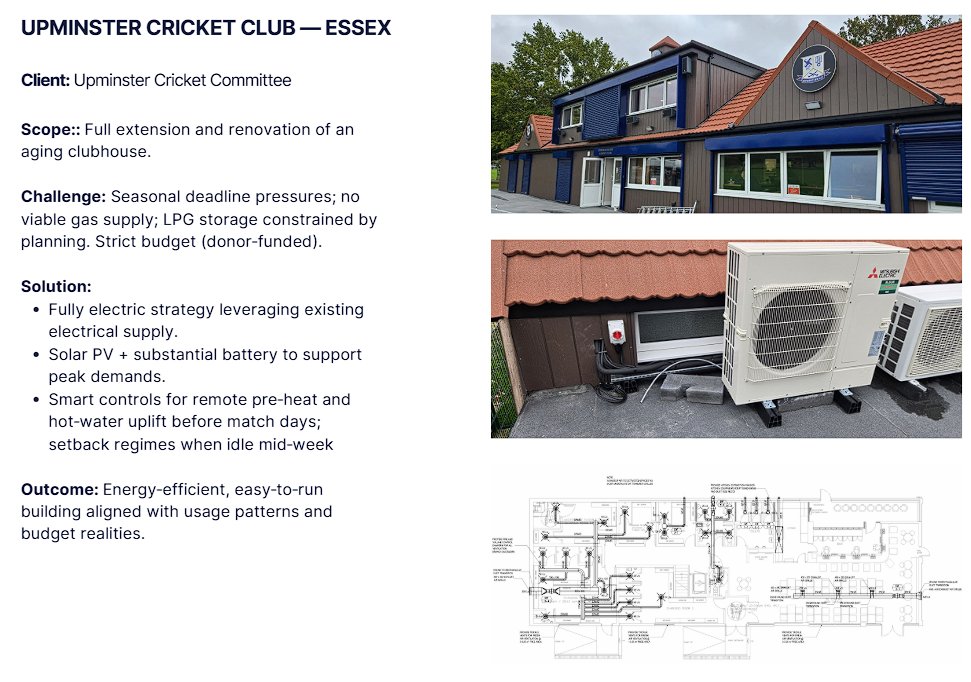 A building with a blue exterior and a red-tiled roof, displaying a crest or logo, with large windows. Two outdoor HVAC units are installed on the roof below, connected with electrical wiring. A detailed floor plan or technical schematic is shown bene