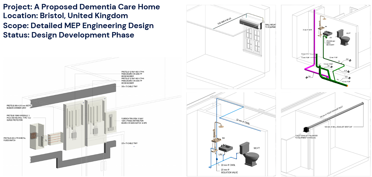 Diagram of the detailed MEP engineering design for a proposed dementia care home, including electrical, plumbing, and ventilation systems, with labels and measurements.