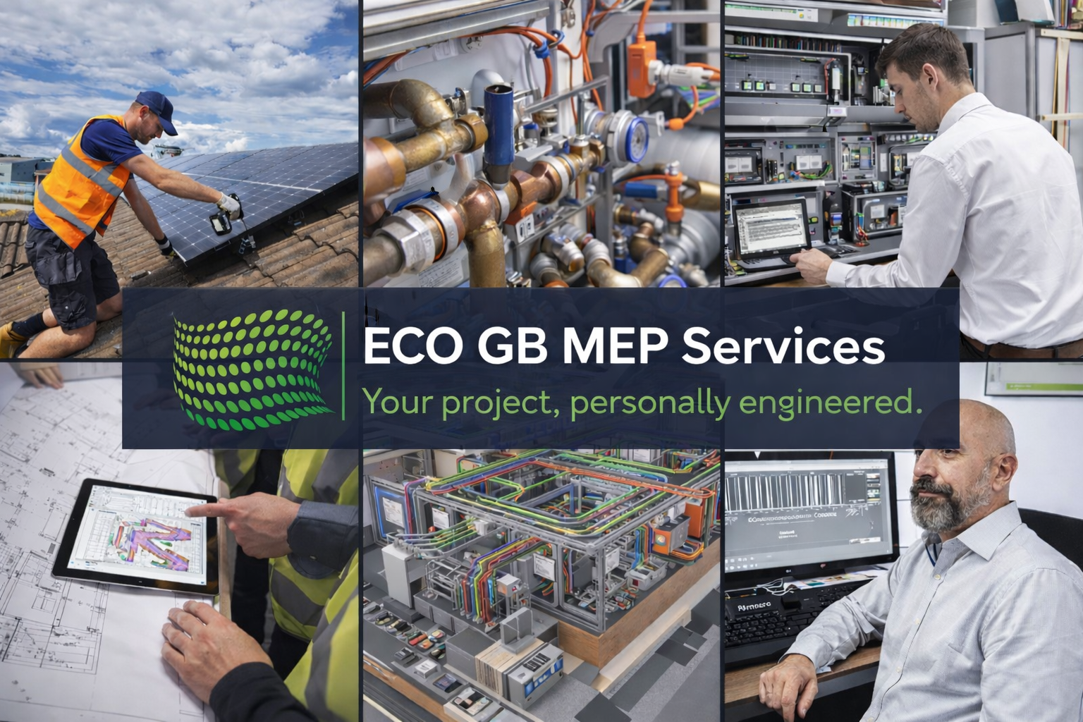 Collage of images showing renewable energy installation, plumbing and piping systems, electronics and automation technicians working on equipment, electrical wiring and control panels, digital schematics and technical drawings, and a professional working at a computer with electrical design software. Overlay text reads 'ECO GB MEP Services' and 'Your project, personally engineered.'