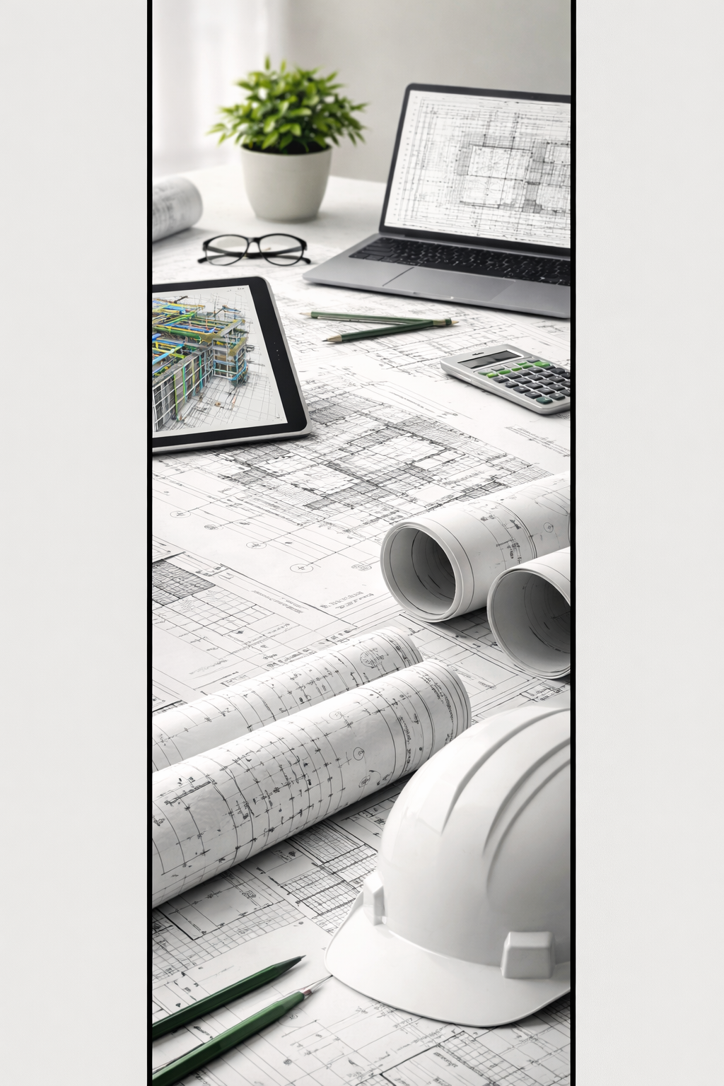 Architectural blueprints, rolled and unrolled, on a table with a computer, tablet, calculator, glasses, pens, and a white safety helmet, with a potted plant in the background.