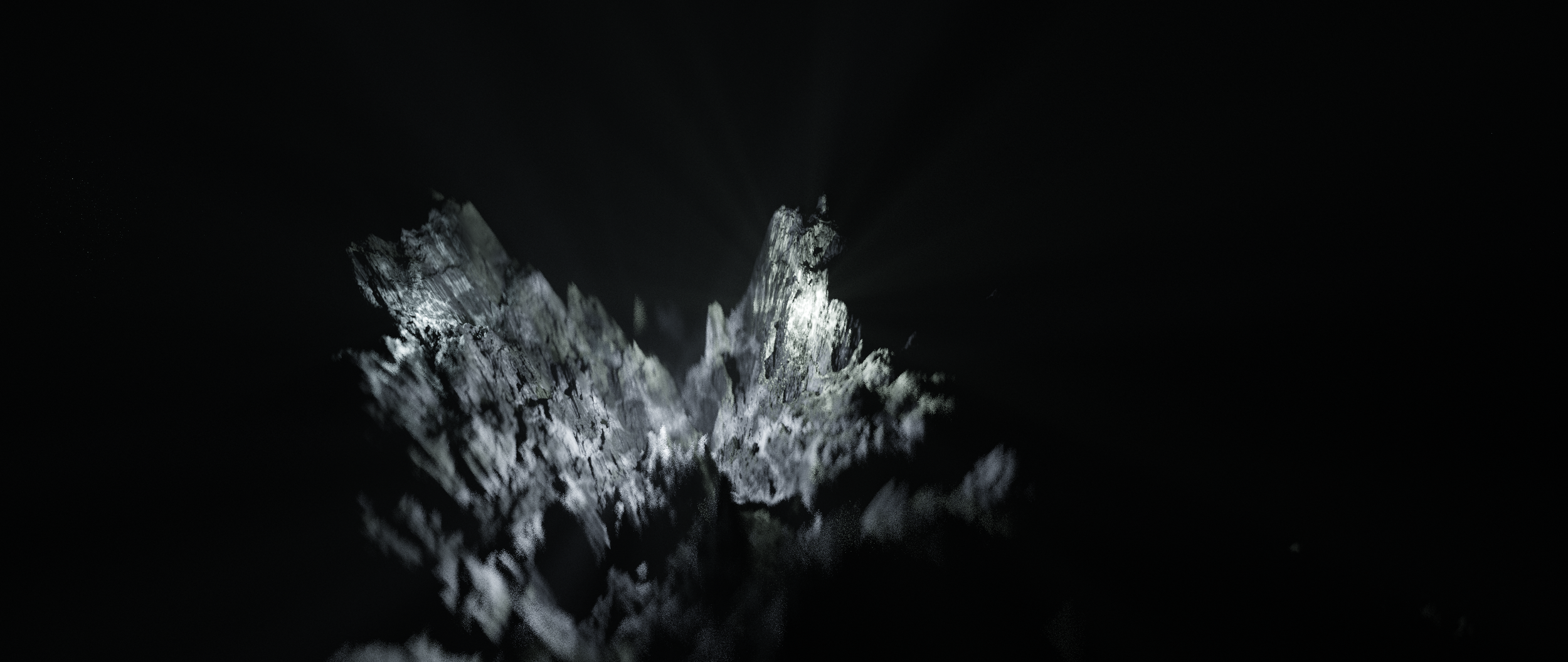 Detailní 3D render krystalických struktur a světelných odlesků v temném prostoru. Abstraktní vizuální doprovod k hudbě, digitální sochařství.