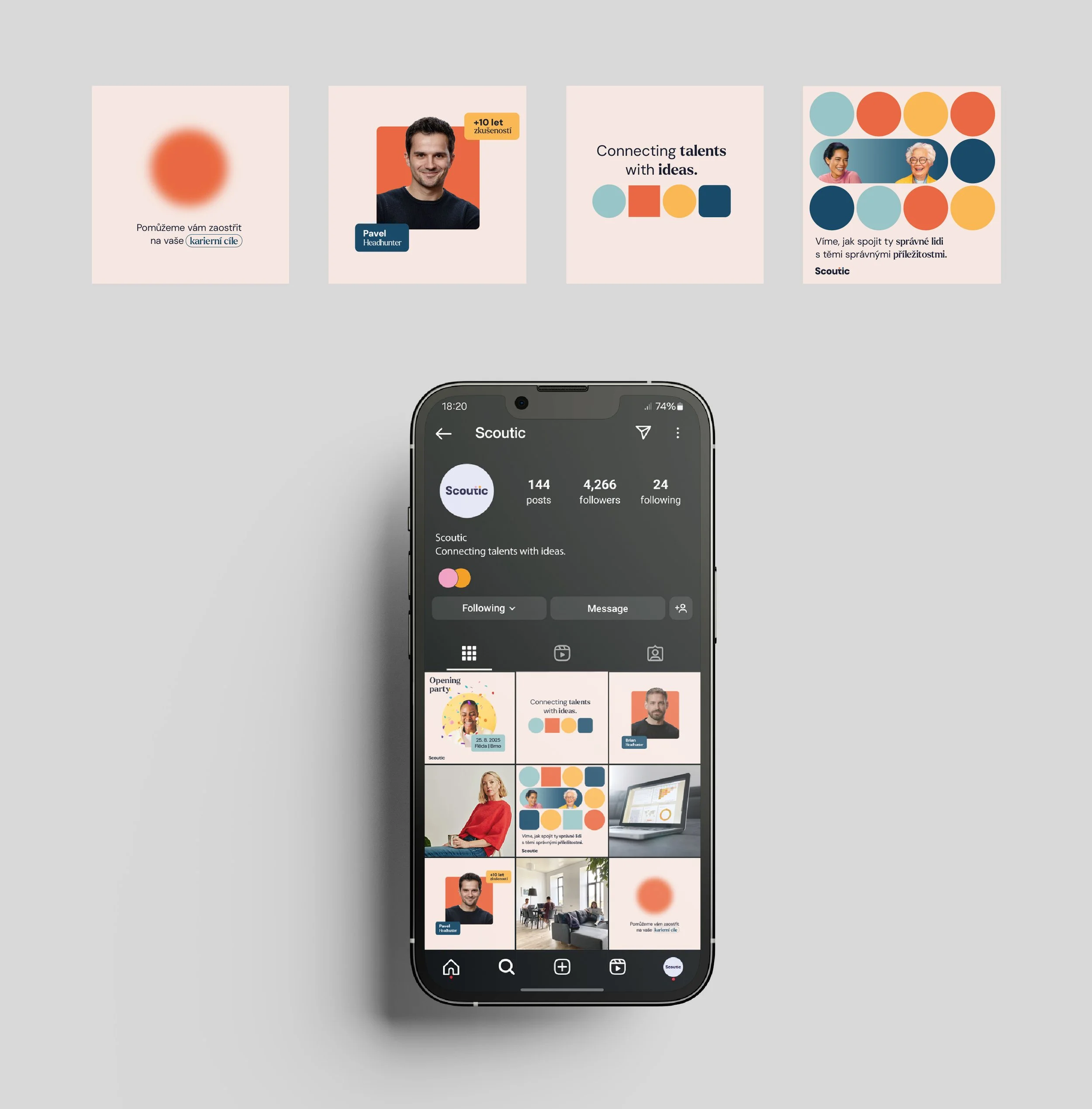 Grafický návrh obsahu pro sociální sítě. Instagram grid pro značku Scoutic kombinující geometrické tvary, firemní barvy a fotografie zaměstnanců.