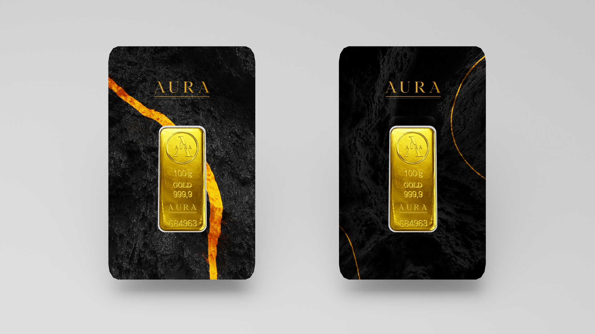 Varianty grafického zpracování obalů pro značku AURA. Ukázka minimalistického brandingu a použití černo-zlaté barevné kombinace pro exkluzivní produkty.