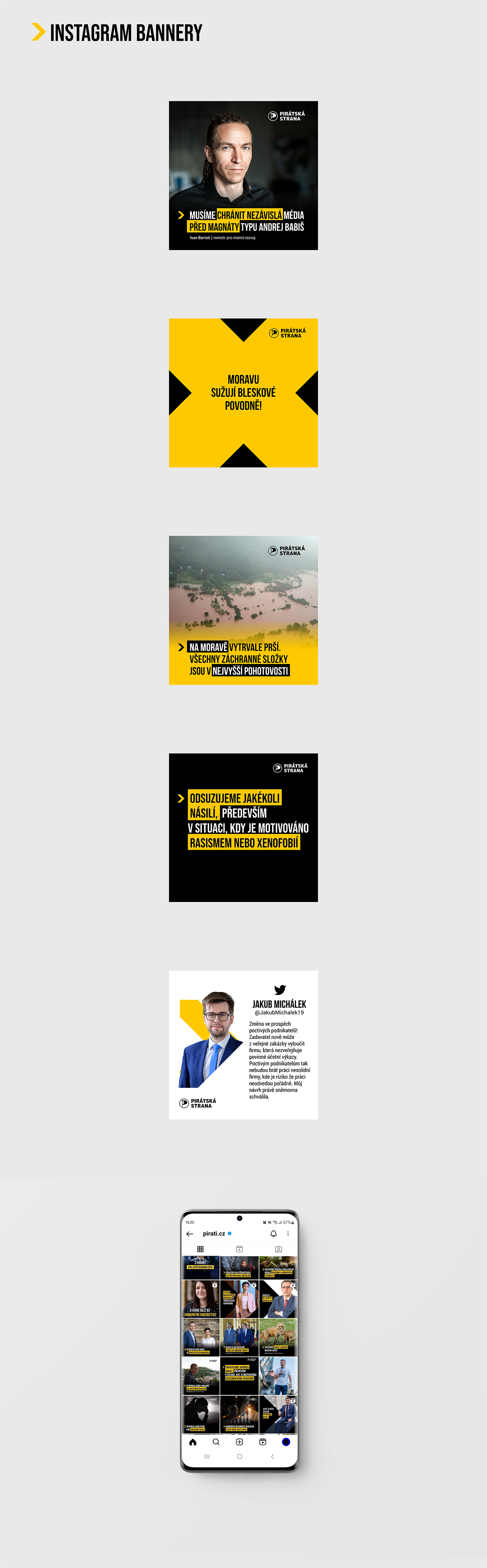 Vizuální styl pro sociální sítě a online marketing. Ukázka Instagram feedu a responzivní grafiky na displeji mobilního telefonu pro kampaň Pirátů.