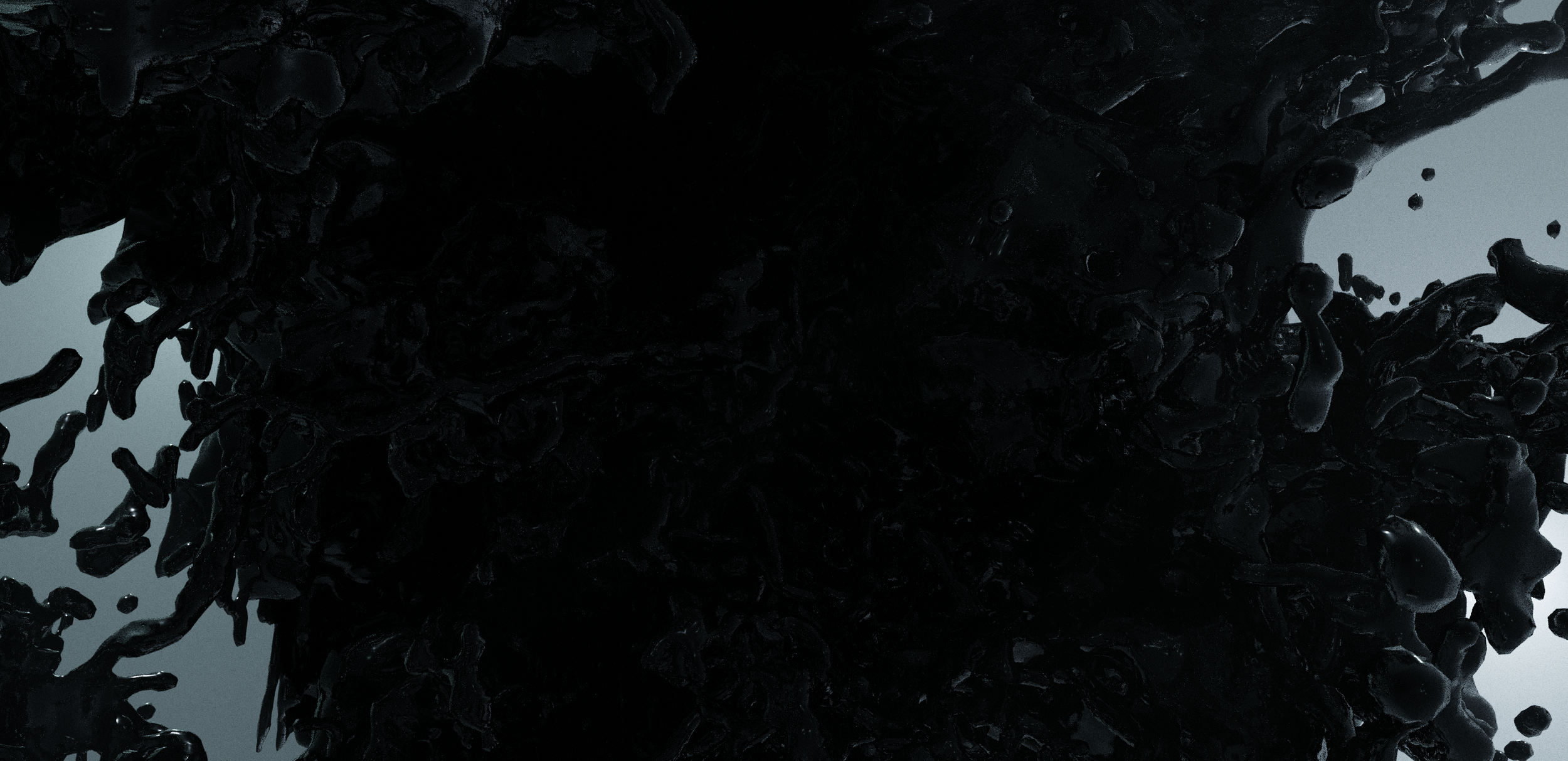 Textura černé organické hmoty připomínající temnou vodu nebo ropu. Simulace kapalin a 3D animace vytvořená pro vizuální identitu alba Řeka.
