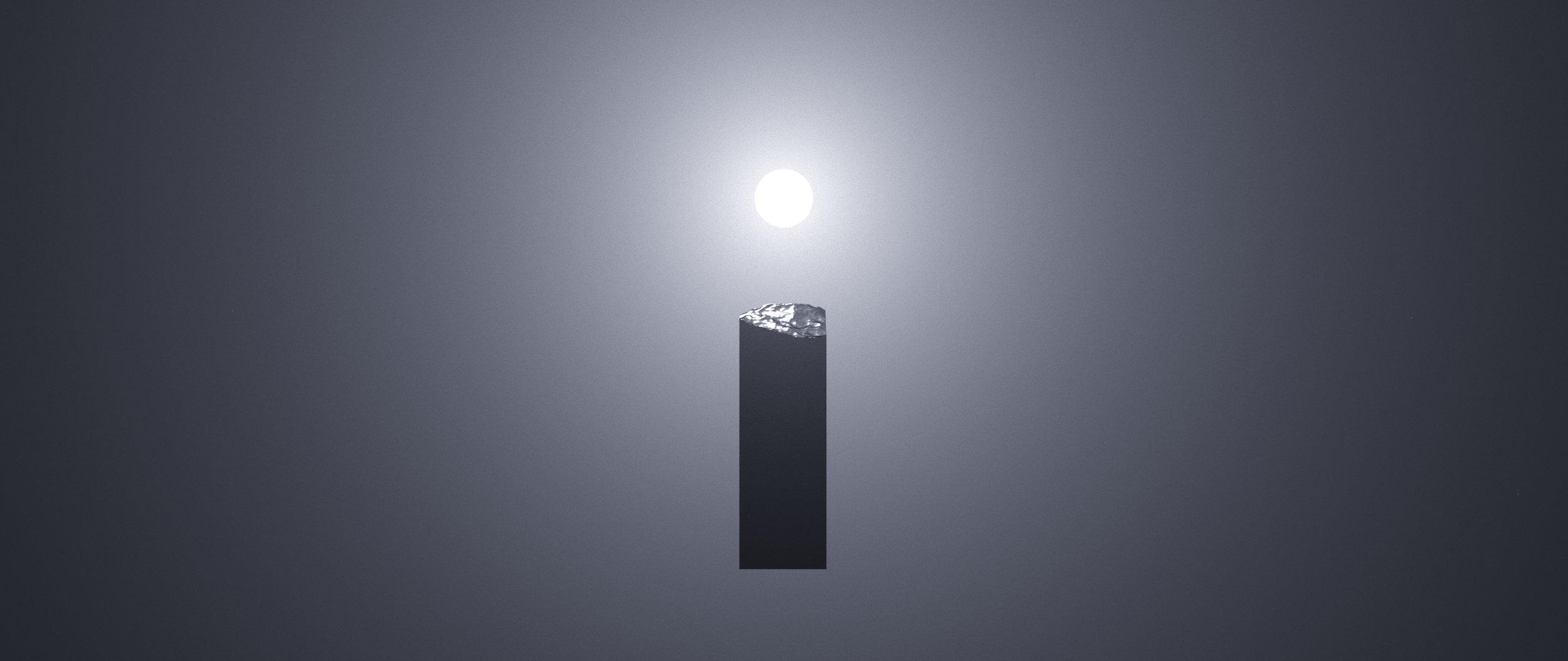 Mystický černý monolit stojící v mlze proti silnému protisvětlu. Minimalistická 3D kompozice a scéna pro vizuální show.