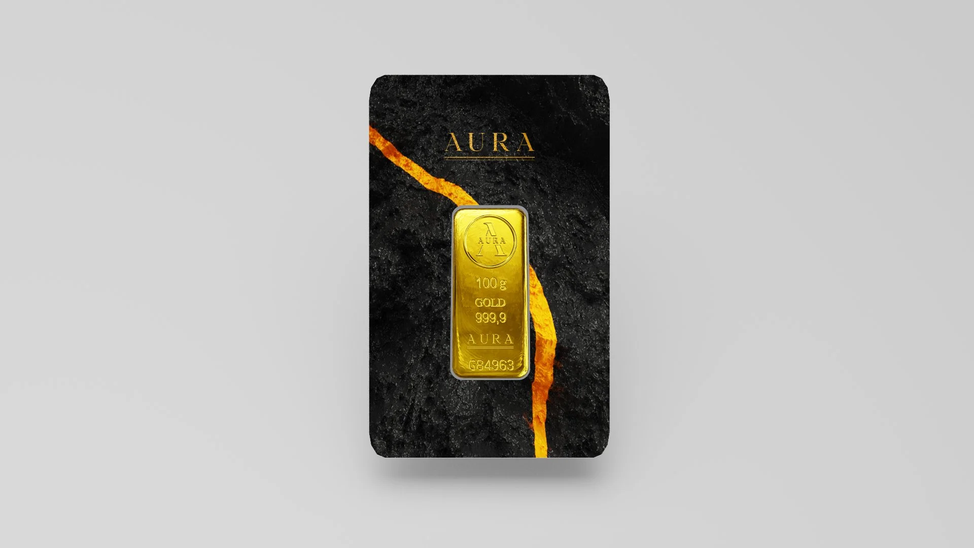 Design luxusního obalu na investiční zlato. Černá dárková karta s texturou břidlice a zlatou ražbou, ve které je vsazen zlatý slitek. Packaging design od Miloše Friče.