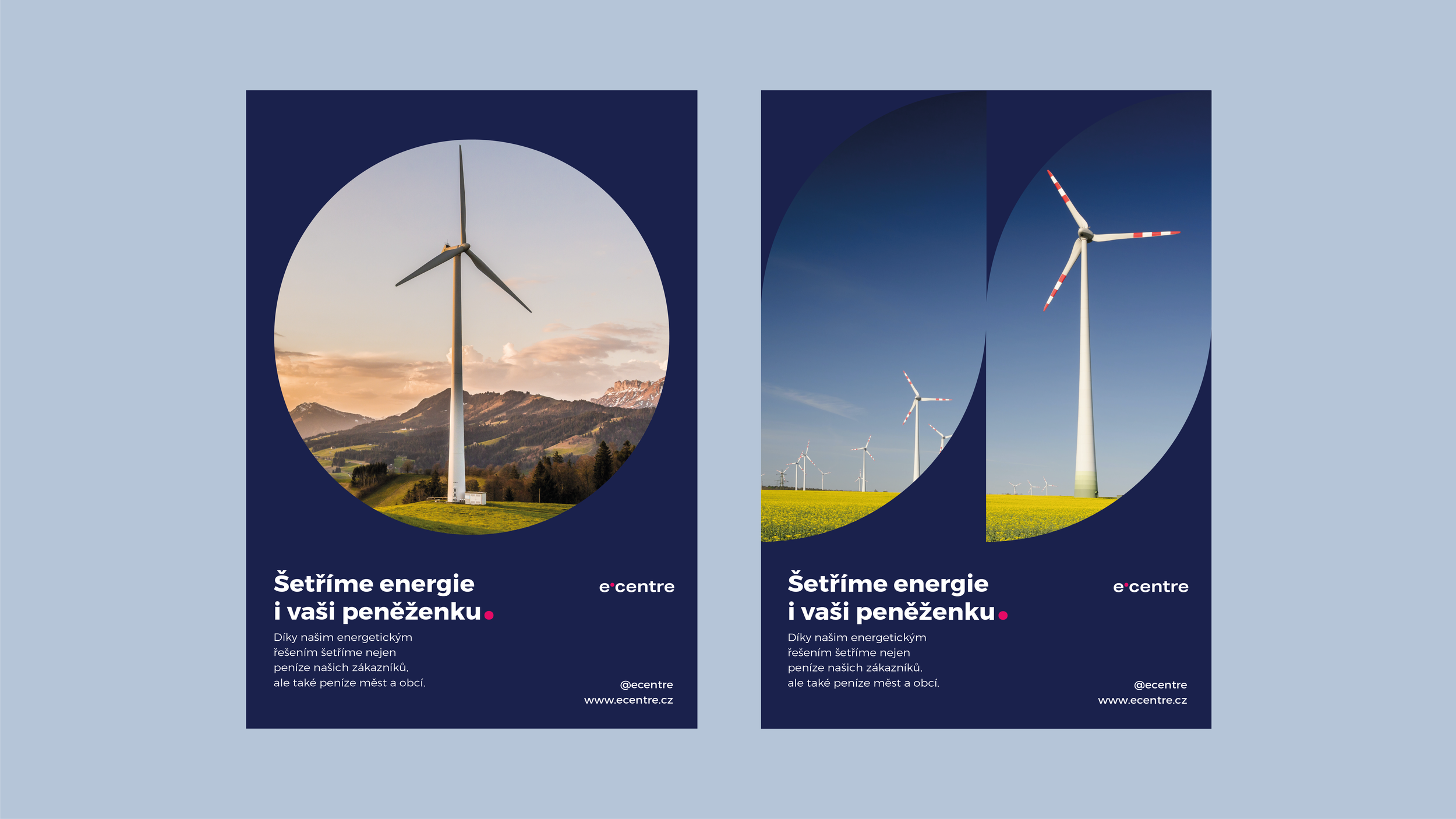 Citylight (CLV) reklama v městském prostředí. Ukázka aplikace korporátní identity e-centre na outdoorové reklamní plochy.