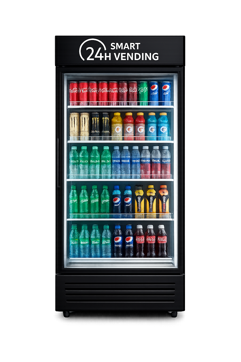 A vending machine labeled 'Smart 24h Vending' with various soda bottles and cans inside.