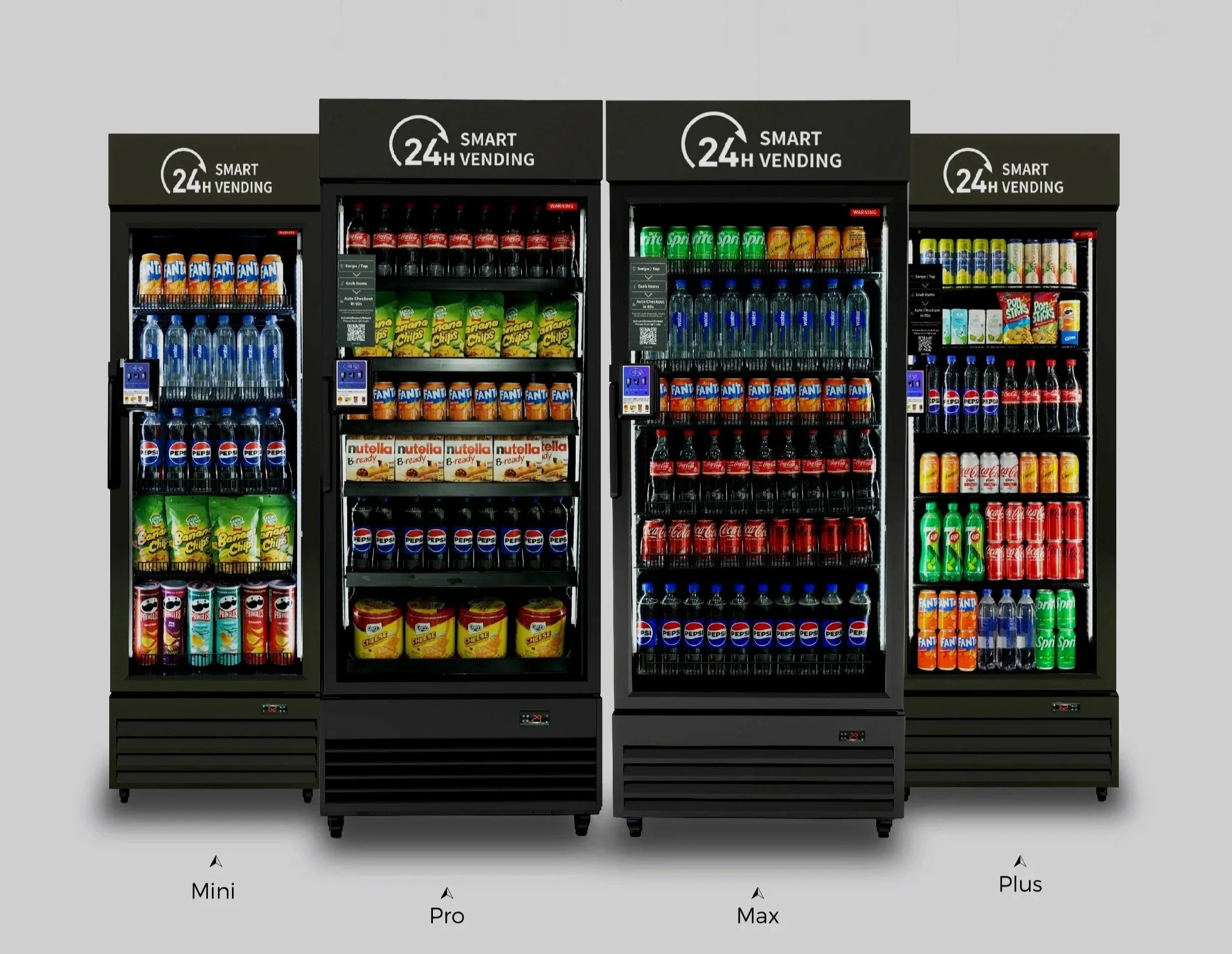 Four vending machines labeled Mini, Pro, Max, and Plus, stocking various beverages including soda, water, juice, and snacks, with a black and gray color scheme and signage indicating 24-hour vending.