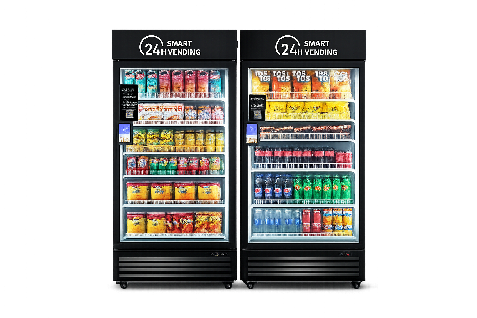 Two 24/7 smart coolers providing convenient access to drinks and snacks through modern, self-service vending technology.