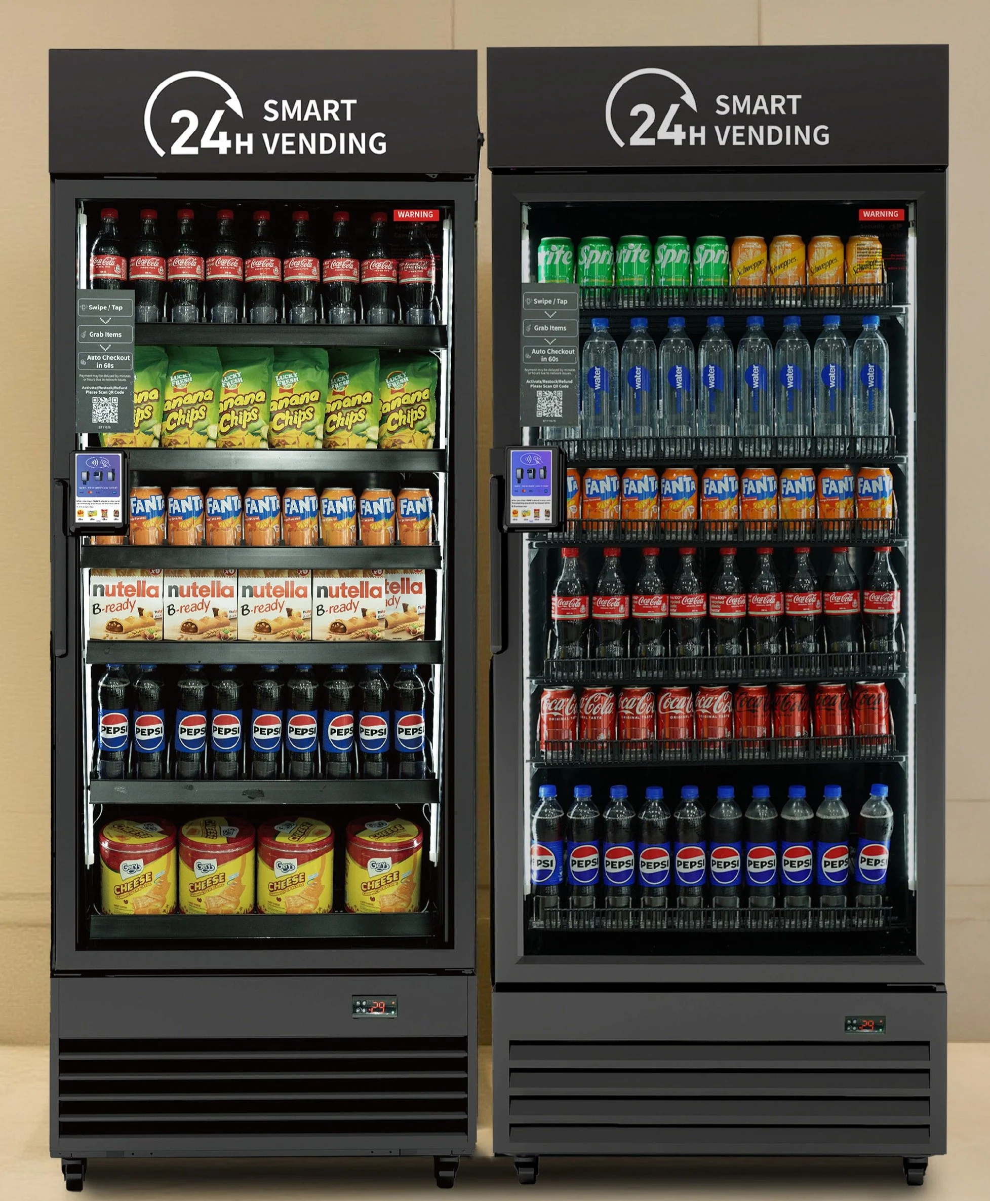 Two vending machines stocked with soda, water, chips, and snacks, located indoors.