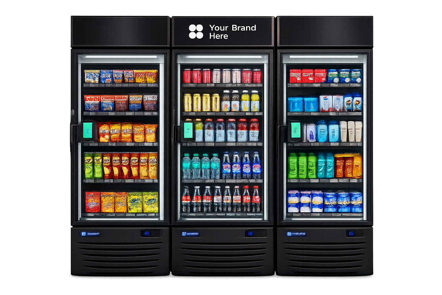 Three refrigerated vending machines stocked with various beverages, with a 'Your Brand Here' sign on top.