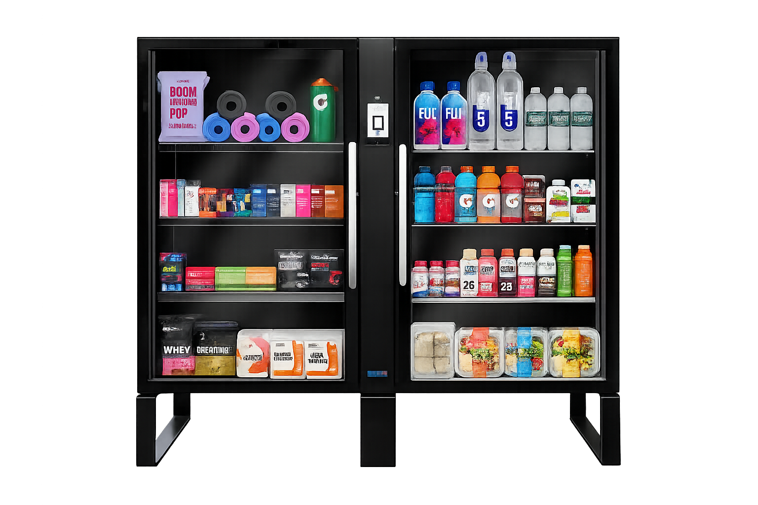A black gym locker with multiple compartments filled with fitness supplements, protein powders, water bottles, and workout accessories.