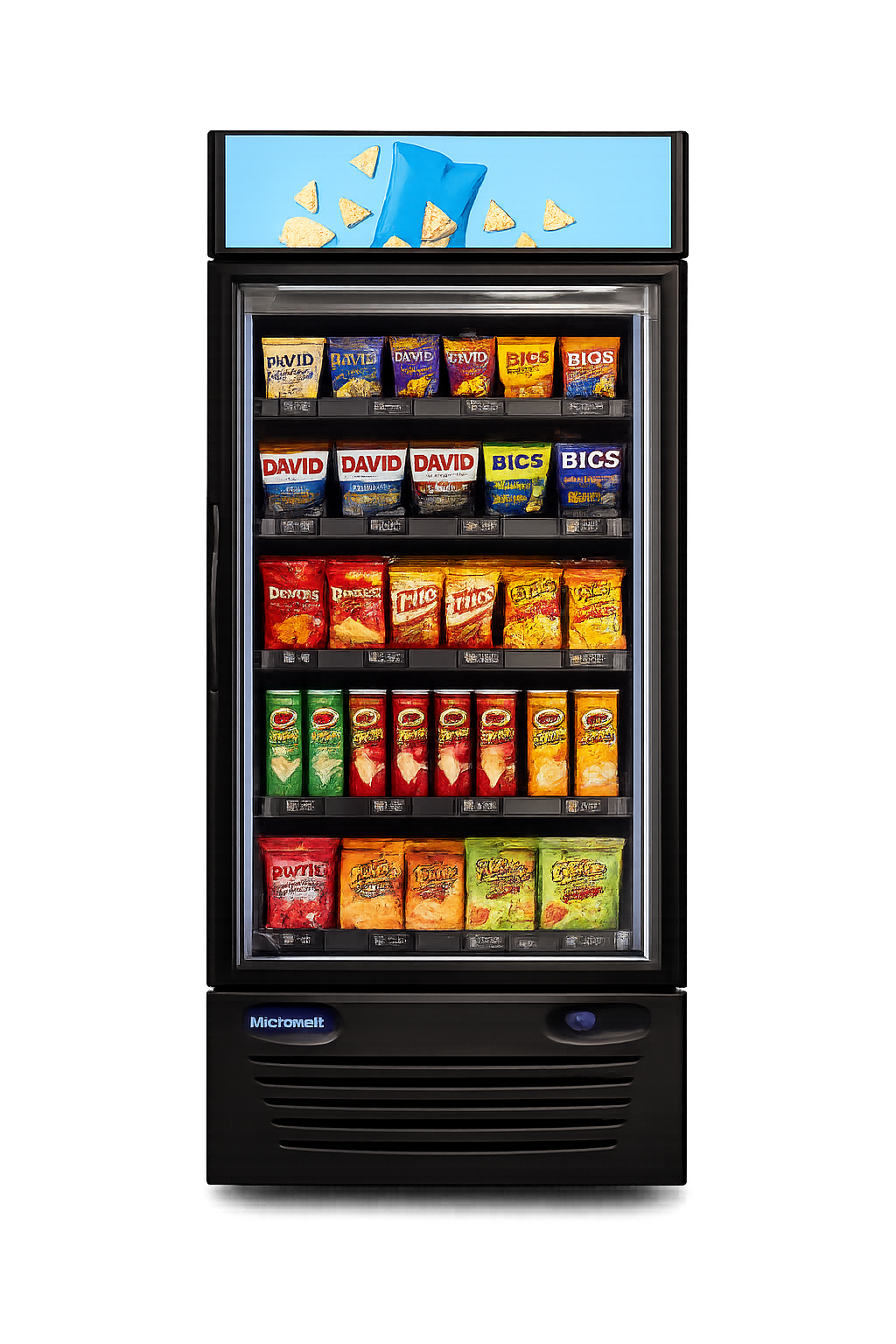 Vending machine stocked with various snack bags, including potato chips, cheese puffs, and crackers, with a digital screen on top and a Micromelt branding label at the bottom.
