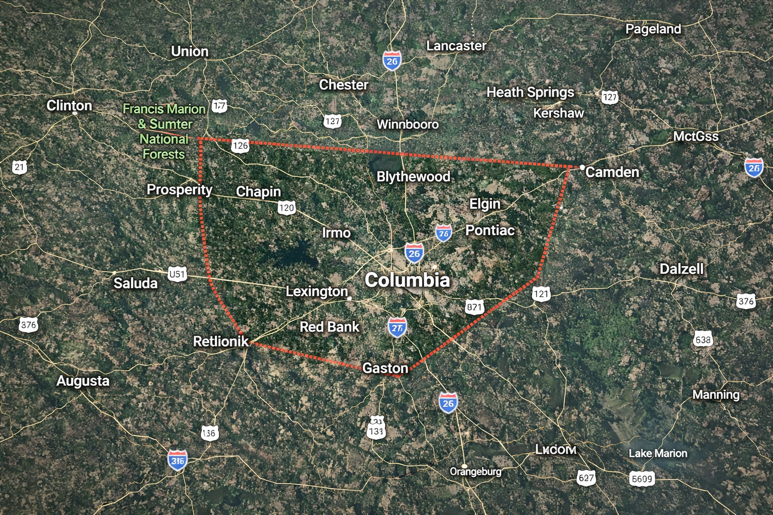 Map highlighting Hernandez Vending service areas in Columbia, South Carolina, and surrounding communities, emphasizing convenient, reliable vending services for businesses, employees, and customers.