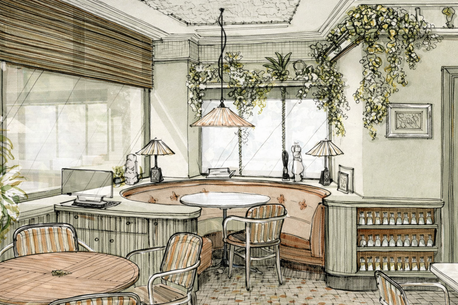 Illustration of a cozy cafe interior with sunlit windows, striped upholstered seating, wooden tables, a computer, decorative lamps, potted plants, framed art, and hanging greenery.