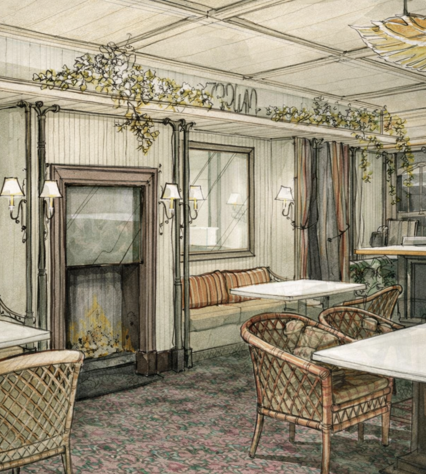 A cozy indoor seating area with wicker chairs, a cushioned bench, and a table. The room has wall lamps, floral decorations, and curtains, creating a warm and inviting atmosphere.